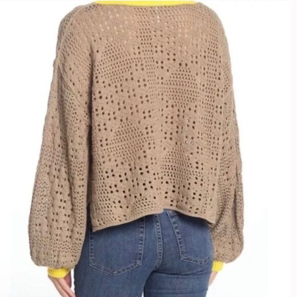 Free People Home Run Tan Crochet Knit Sweater with Yellow Trim size Small - Picture 2 of 11